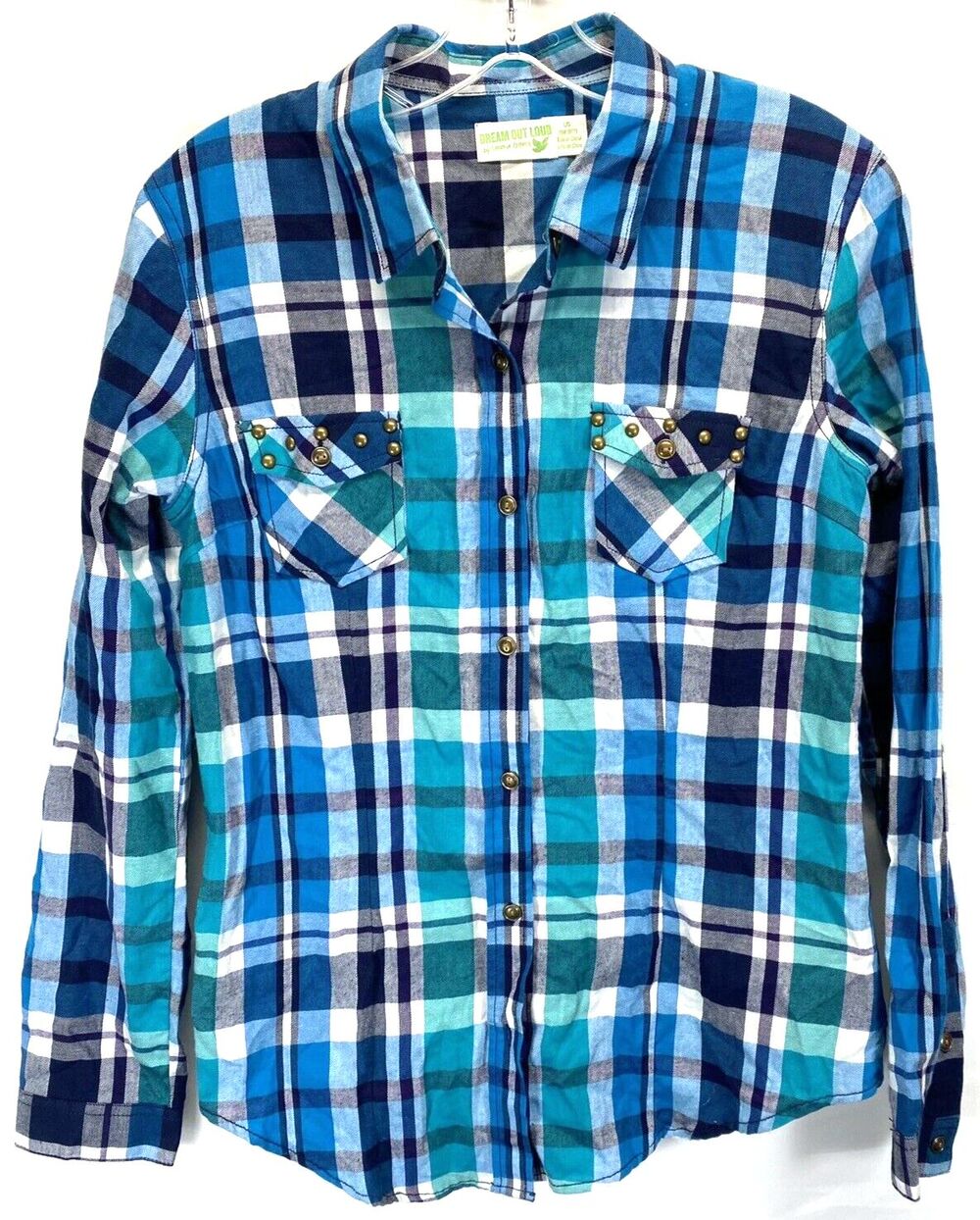 Dream Out Loud Selena Gomez Women Shirt Sz L Blue Plaid Long Sleeve Brass Button